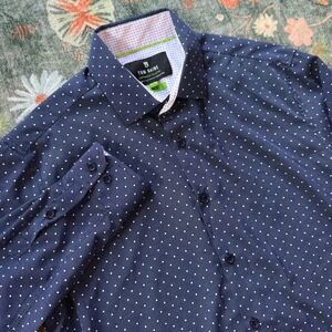 Tom Baine Performance Navy Polka Dot Slim Fit Stretch Dress Shirt Mens L 16-16.5